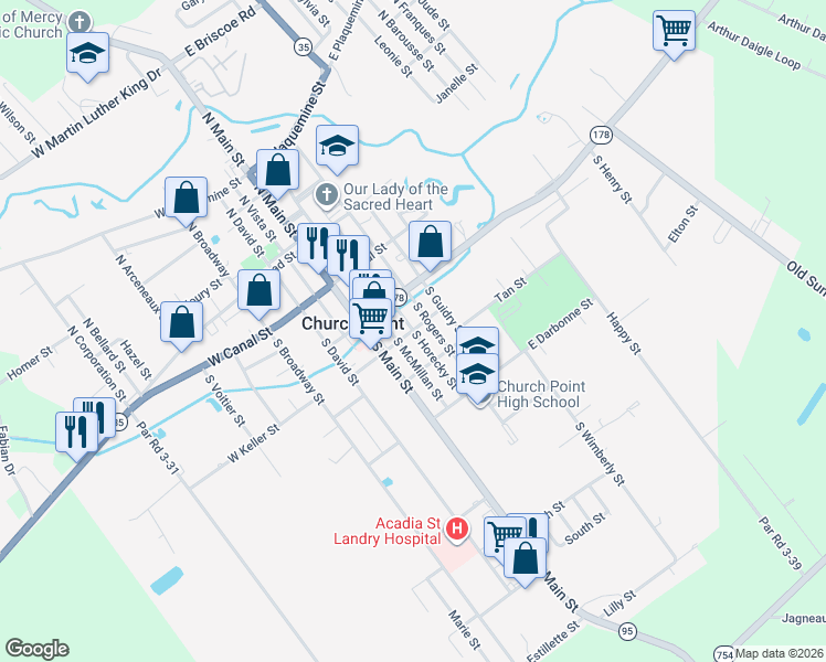 map of restaurants, bars, coffee shops, grocery stores, and more near 401 South Horecky Street in Church Point