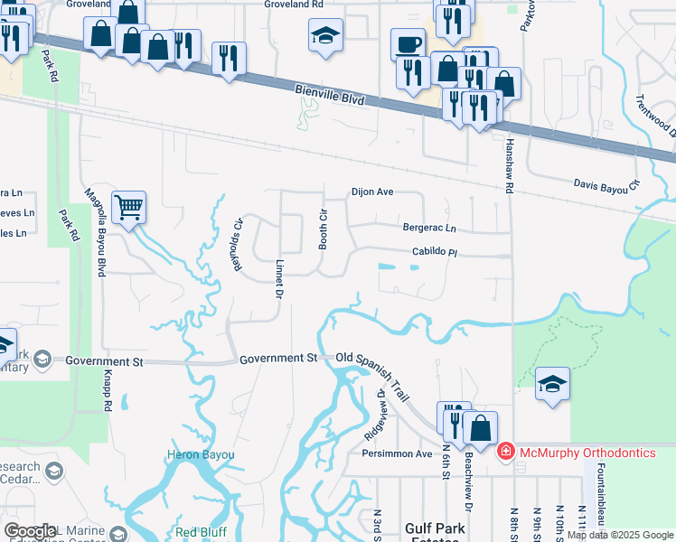 map of restaurants, bars, coffee shops, grocery stores, and more near 3710 Cabildo Pl in Ocean Springs
