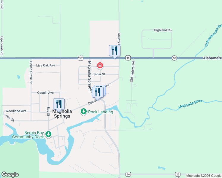 map of restaurants, bars, coffee shops, grocery stores, and more near 14914 Gates Avenue in Magnolia Springs