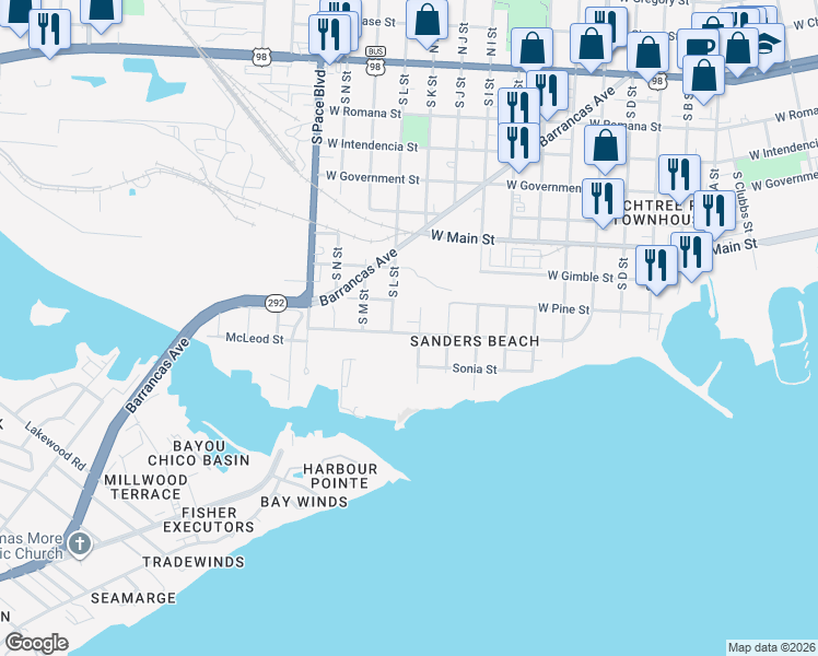 map of restaurants, bars, coffee shops, grocery stores, and more near 1804 Cypress Street in Pensacola