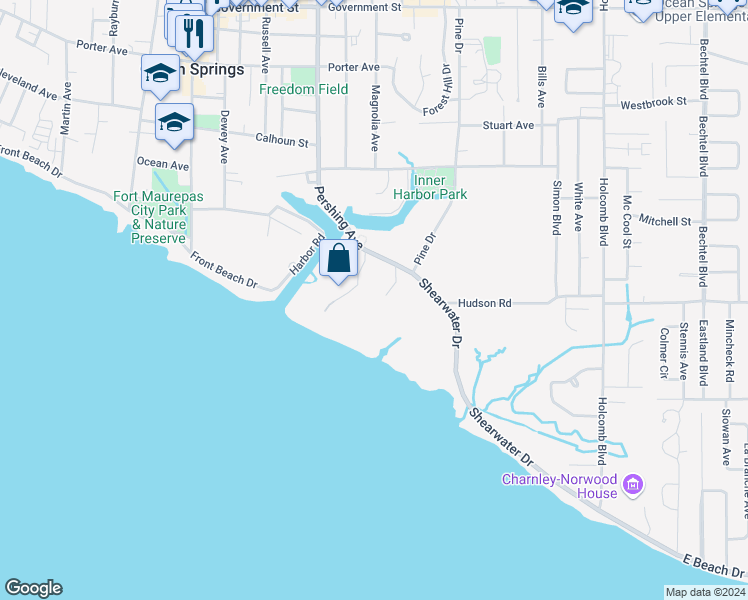 map of restaurants, bars, coffee shops, grocery stores, and more near 108 Shearwater Drive in Ocean Springs