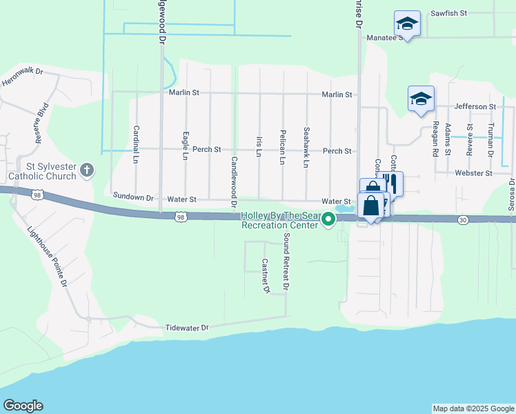 map of restaurants, bars, coffee shops, grocery stores, and more near 6733 Water Street in Navarre