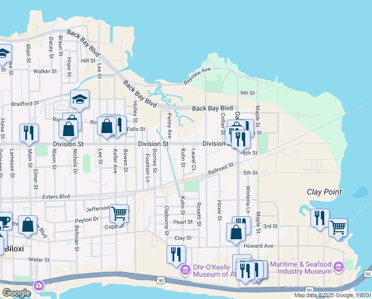 map of restaurants, bars, coffee shops, grocery stores, and more near 392 Division Street in Biloxi
