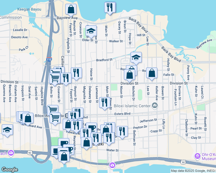 map of restaurants, bars, coffee shops, grocery stores, and more near 696 Division Street in Biloxi
