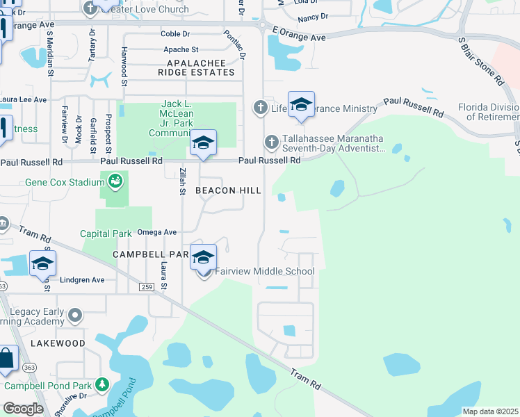 map of restaurants, bars, coffee shops, grocery stores, and more near 3216 Jim Lee Road in Tallahassee