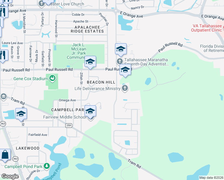 map of restaurants, bars, coffee shops, grocery stores, and more near 3216 Jim Lee Road in Tallahassee