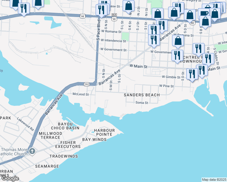 map of restaurants, bars, coffee shops, grocery stores, and more near 700 South M Street in Pensacola