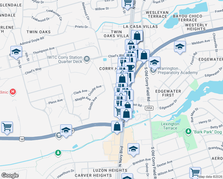 map of restaurants, bars, coffee shops, grocery stores, and more near 14 Dewitt Drive in Pensacola