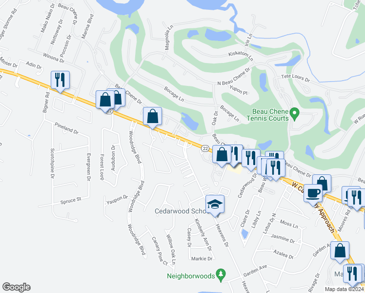 map of restaurants, bars, coffee shops, grocery stores, and more near 105 Beau Chene Boulevard in Mandeville