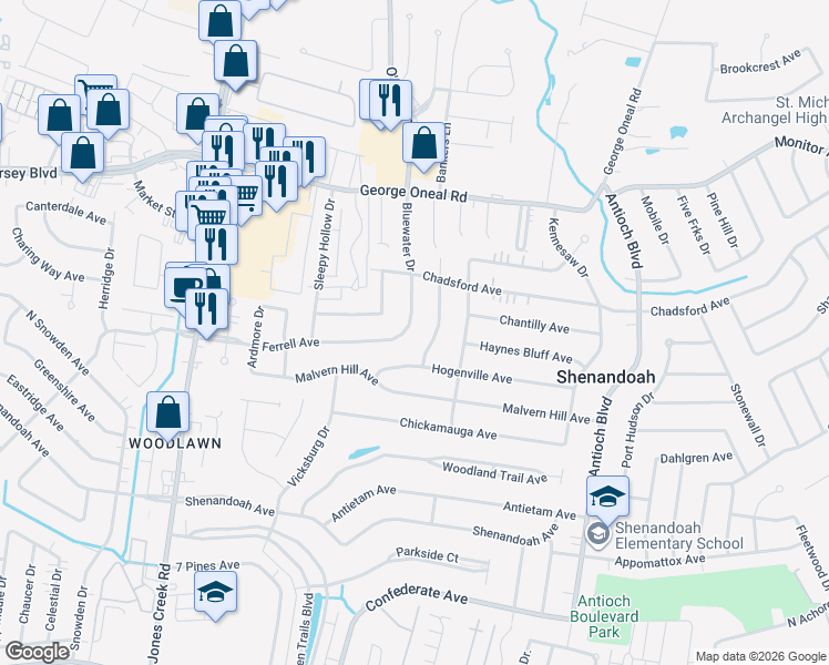 map of restaurants, bars, coffee shops, grocery stores, and more near 5523 Bluewater Drive in Baton Rouge