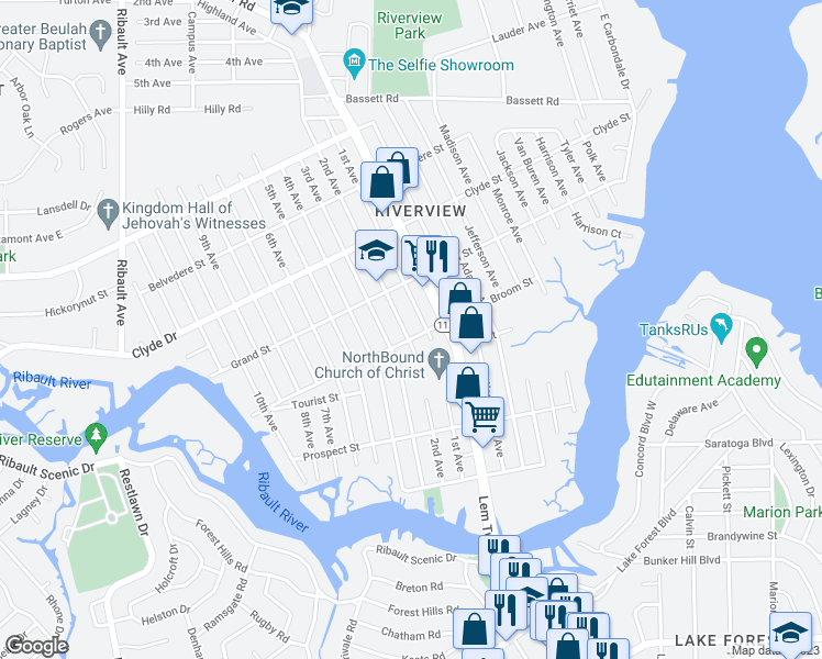 map of restaurants, bars, coffee shops, grocery stores, and more near 8935 1st Avenue in Jacksonville