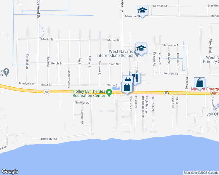 map of restaurants, bars, coffee shops, grocery stores, and more near 6843 Water Street in Navarre