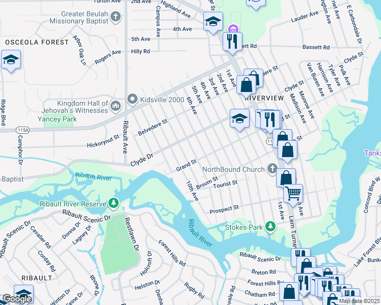 map of restaurants, bars, coffee shops, grocery stores, and more near 9056 7th Avenue in Jacksonville