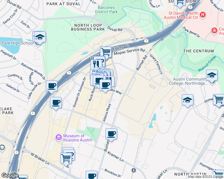 map of restaurants, bars, coffee shops, grocery stores, and more near 2904 Palm Way in Austin