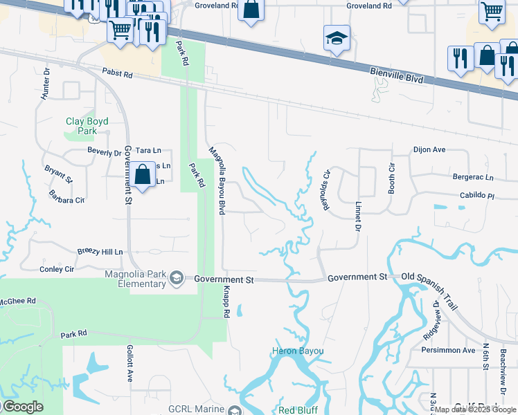 map of restaurants, bars, coffee shops, grocery stores, and more near Point Clear Drive in Ocean Springs
