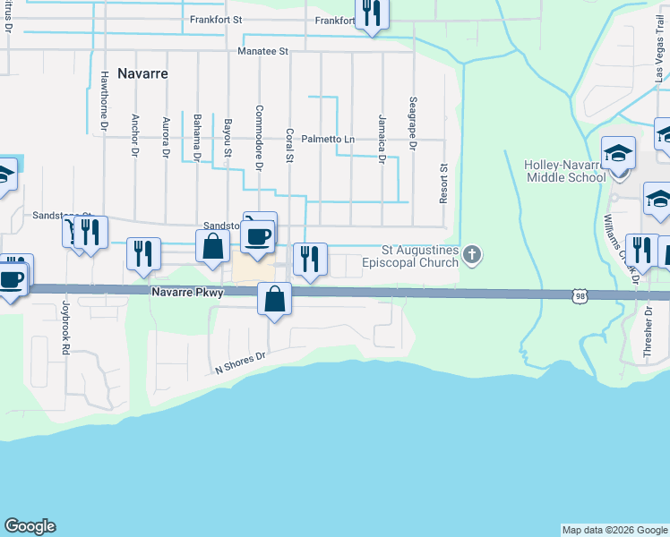 map of restaurants, bars, coffee shops, grocery stores, and more near 7624 Chablis Circle in Navarre