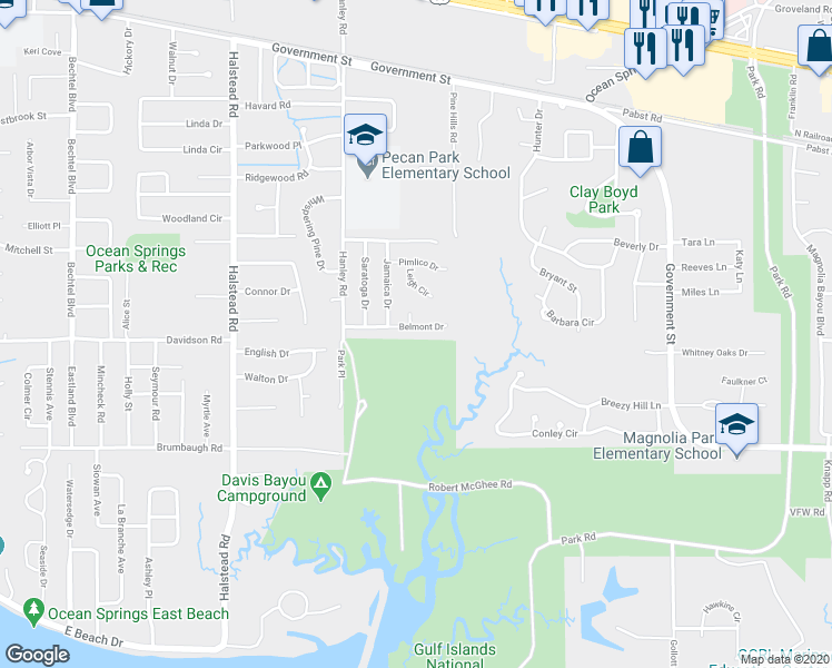 map of restaurants, bars, coffee shops, grocery stores, and more near 2820 Belmont Drive in Ocean Springs