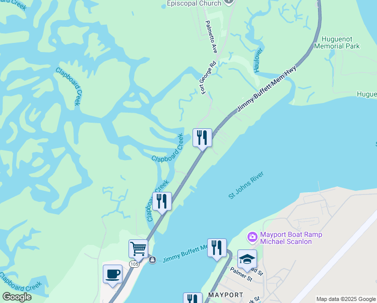 map of restaurants, bars, coffee shops, grocery stores, and more near 9953 Heckscher Drive in Jacksonville