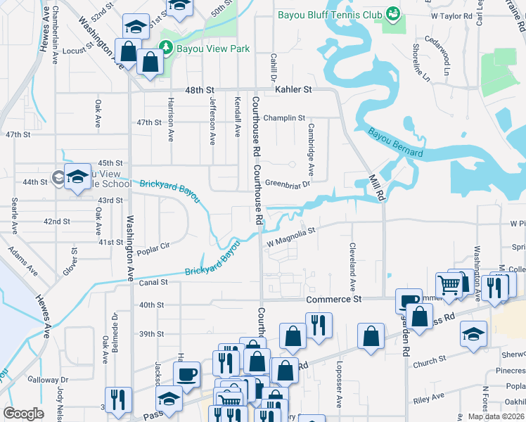 map of restaurants, bars, coffee shops, grocery stores, and more near 1330-1338 Courthouse Road in Gulfport
