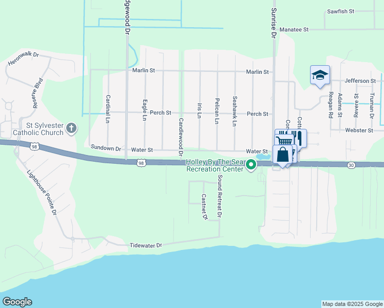 map of restaurants, bars, coffee shops, grocery stores, and more near 6719 Water Street in Navarre
