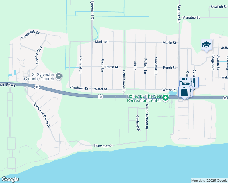 map of restaurants, bars, coffee shops, grocery stores, and more near 6653 Water Street in Navarre
