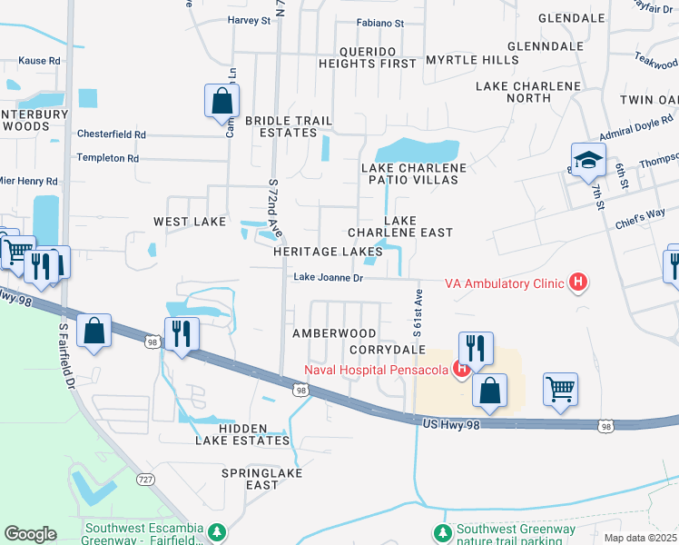map of restaurants, bars, coffee shops, grocery stores, and more near 7010 Lake Joanne Drive in Pensacola