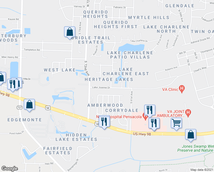 map of restaurants, bars, coffee shops, grocery stores, and more near 7010 Lake Joanne Drive in Pensacola