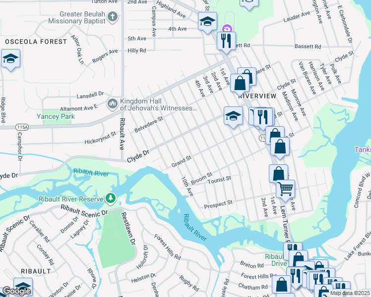 map of restaurants, bars, coffee shops, grocery stores, and more near 9056 7th Avenue in Jacksonville