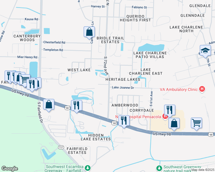 map of restaurants, bars, coffee shops, grocery stores, and more near 7270 Lago Vista Court in Pensacola