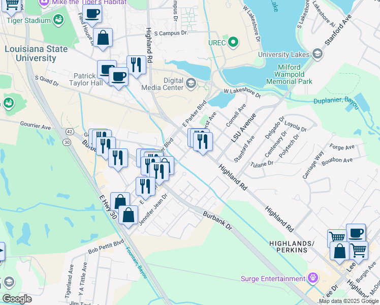 map of restaurants, bars, coffee shops, grocery stores, and more near 132 East Boyd Drive in Baton Rouge
