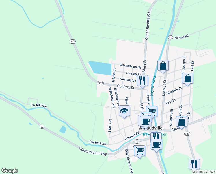 map of restaurants, bars, coffee shops, grocery stores, and more near Resweber Street in Arnaudville