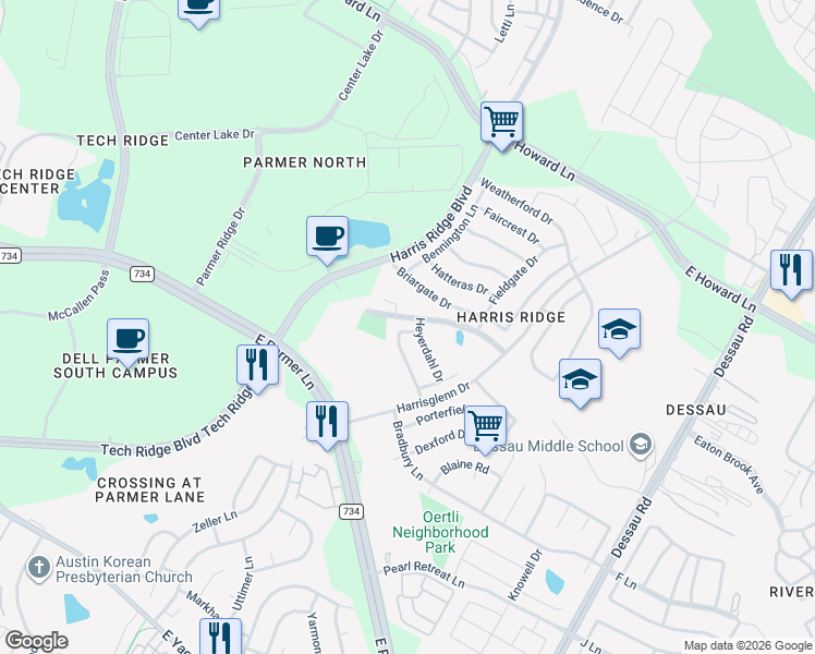 map of restaurants, bars, coffee shops, grocery stores, and more near 1101 Briargate Drive in Austin
