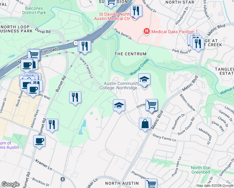 map of restaurants, bars, coffee shops, grocery stores, and more near 2320 Gracy Farms Lane in Austin
