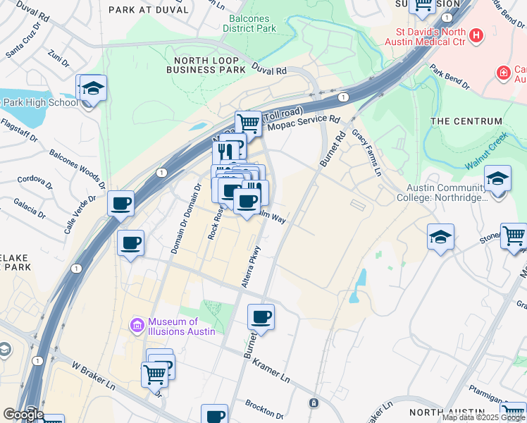 map of restaurants, bars, coffee shops, grocery stores, and more near 3001 Palm Way in Austin