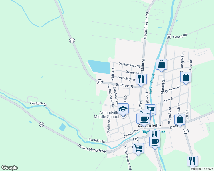 map of restaurants, bars, coffee shops, grocery stores, and more near Resweber Street in Arnaudville