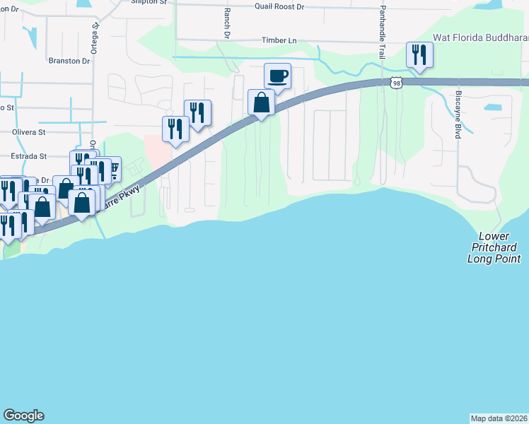 map of restaurants, bars, coffee shops, grocery stores, and more near 1934 Costa Verde Court in Navarre