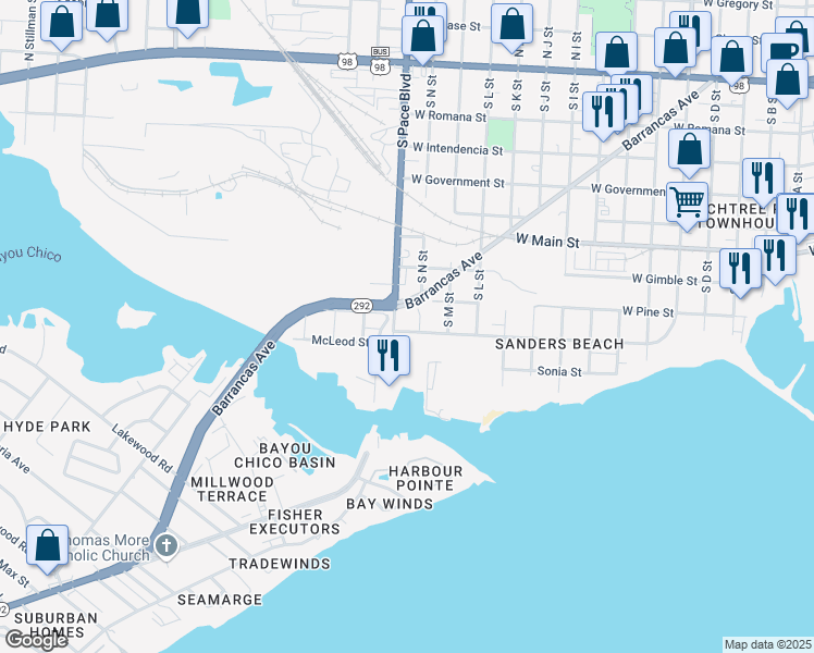 map of restaurants, bars, coffee shops, grocery stores, and more near 2006 Cypress Street in Pensacola