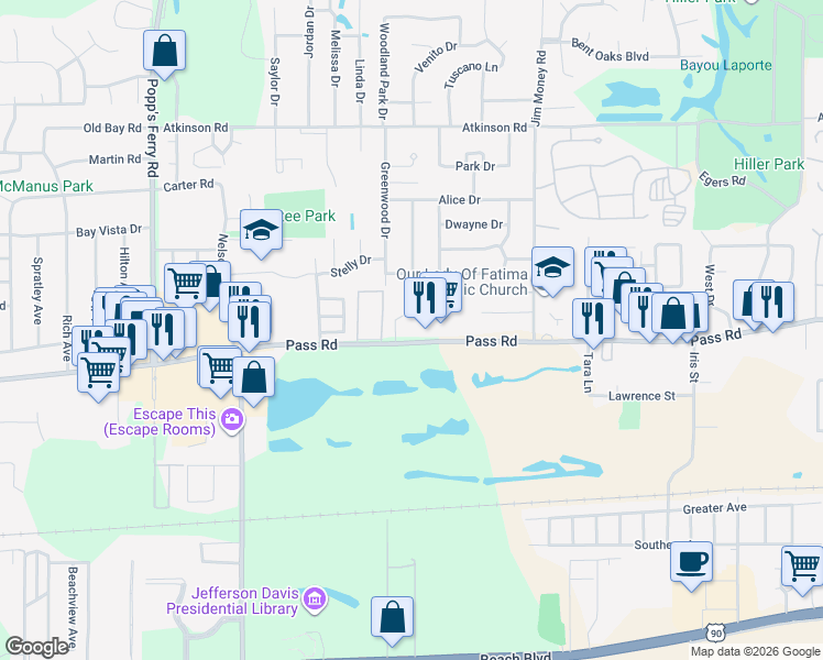 map of restaurants, bars, coffee shops, grocery stores, and more near 313 Abbey Court in Biloxi