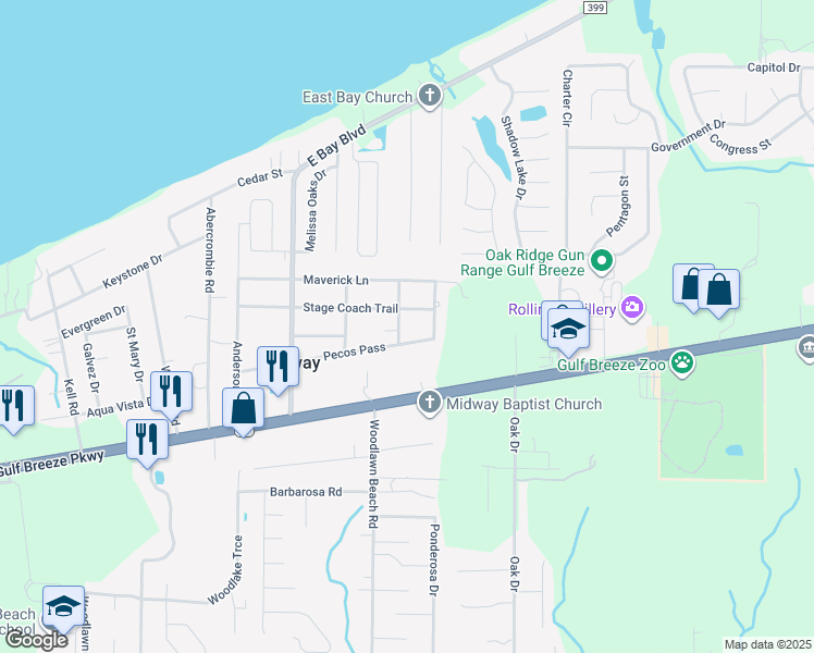 map of restaurants, bars, coffee shops, grocery stores, and more near 1810 El Paso Trail in Gulf Breeze