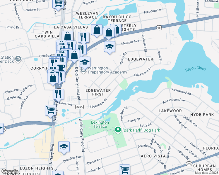map of restaurants, bars, coffee shops, grocery stores, and more near 521 Frisco Road in Pensacola