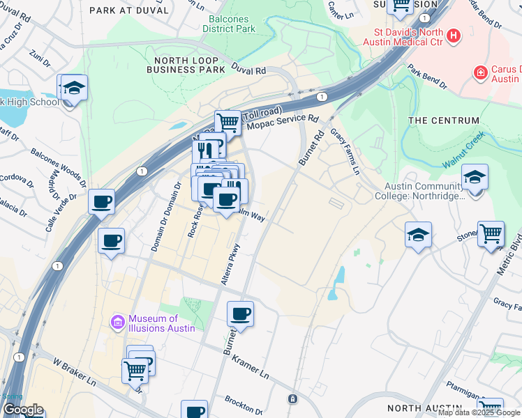 map of restaurants, bars, coffee shops, grocery stores, and more near 2904 Palm Way in Austin