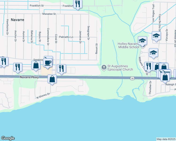 map of restaurants, bars, coffee shops, grocery stores, and more near 7730 Navarre Parkway in Navarre