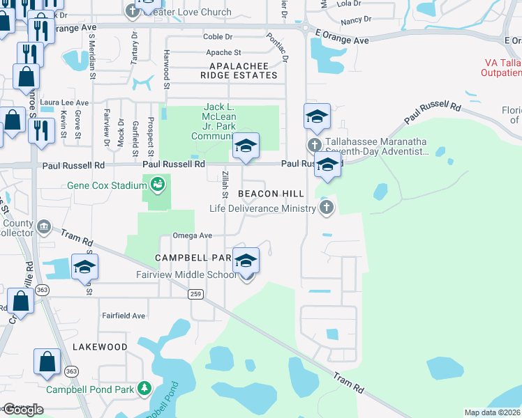 map of restaurants, bars, coffee shops, grocery stores, and more near 879 Bahama Drive in Tallahassee
