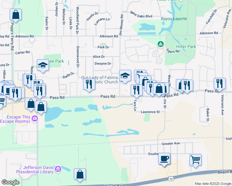 map of restaurants, bars, coffee shops, grocery stores, and more near 2110 Pass Road in Biloxi