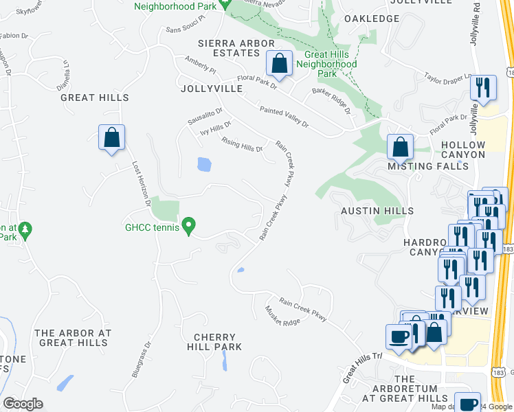 map of restaurants, bars, coffee shops, grocery stores, and more near 5717 Misty Hill Cove in Austin