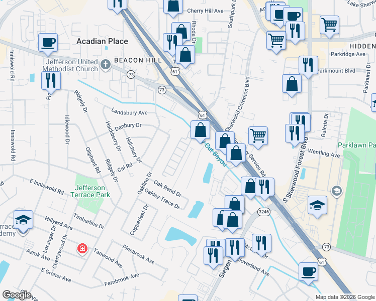 map of restaurants, bars, coffee shops, grocery stores, and more near 10625 Woodland Pond Drive in Baton Rouge