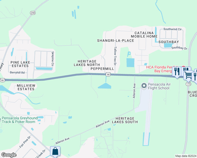 map of restaurants, bars, coffee shops, grocery stores, and more near 10075 U.S. 98 in Pensacola