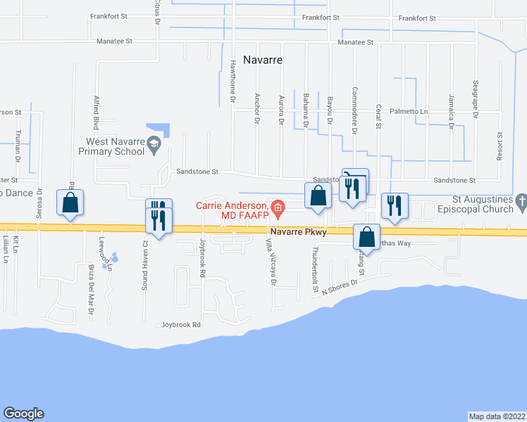 map of restaurants, bars, coffee shops, grocery stores, and more near 7410 Harvest Village Court in Navarre