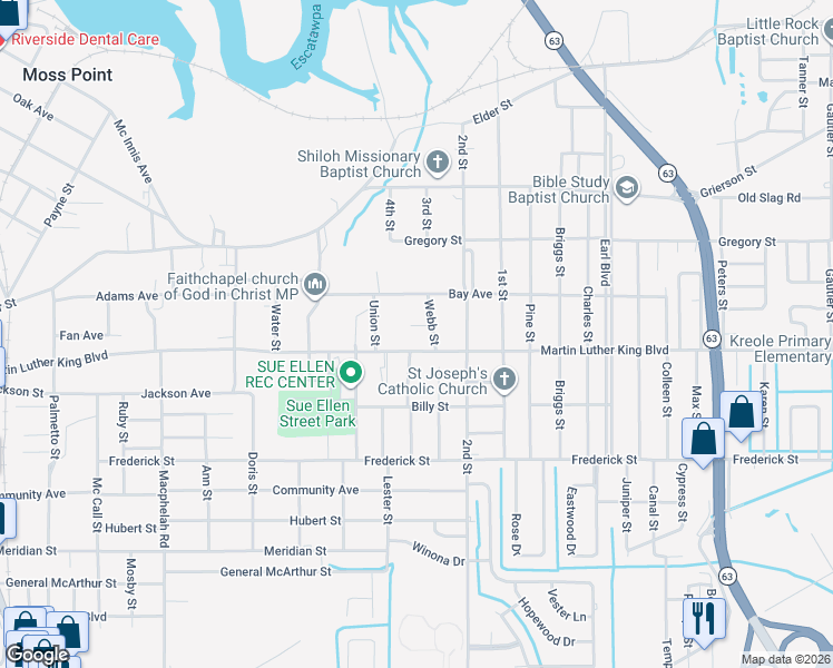 map of restaurants, bars, coffee shops, grocery stores, and more near 5331 James Street in Moss Point