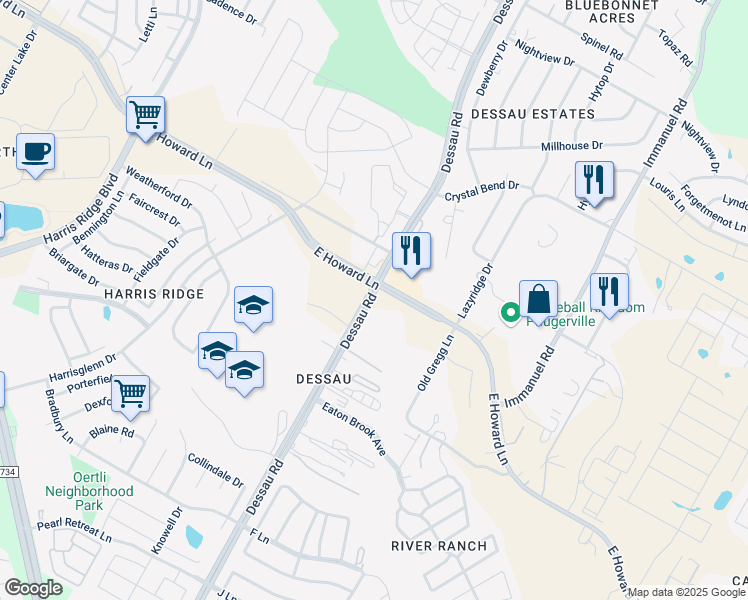 map of restaurants, bars, coffee shops, grocery stores, and more near 13301 Dessau Road in Austin